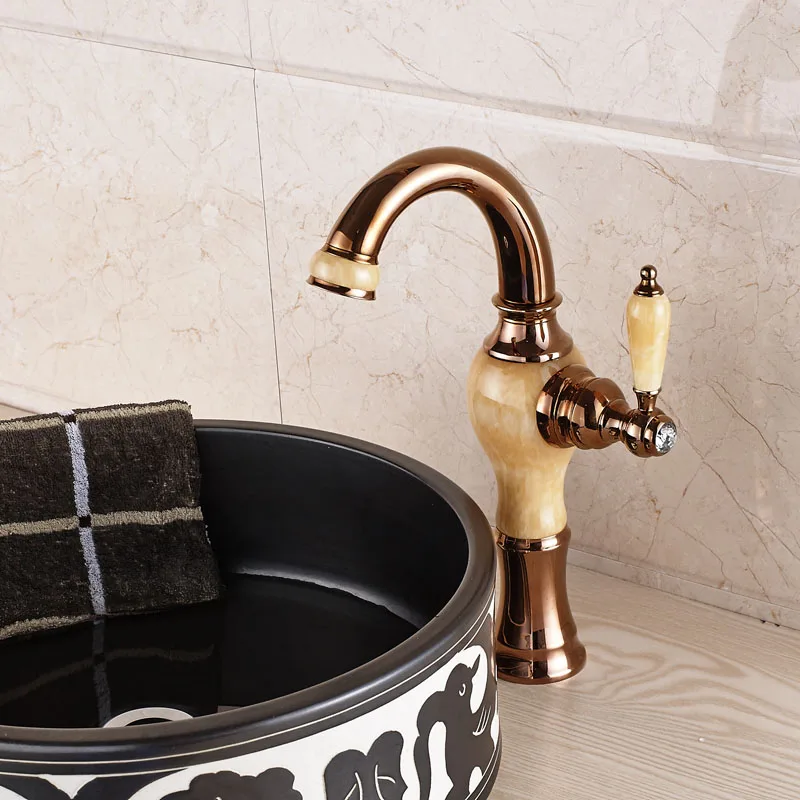 Rose Golden & Marble Bathroom Hot and Cold Water Basin Faucet Single Handle Washing Basin Mixer Deck Mounted