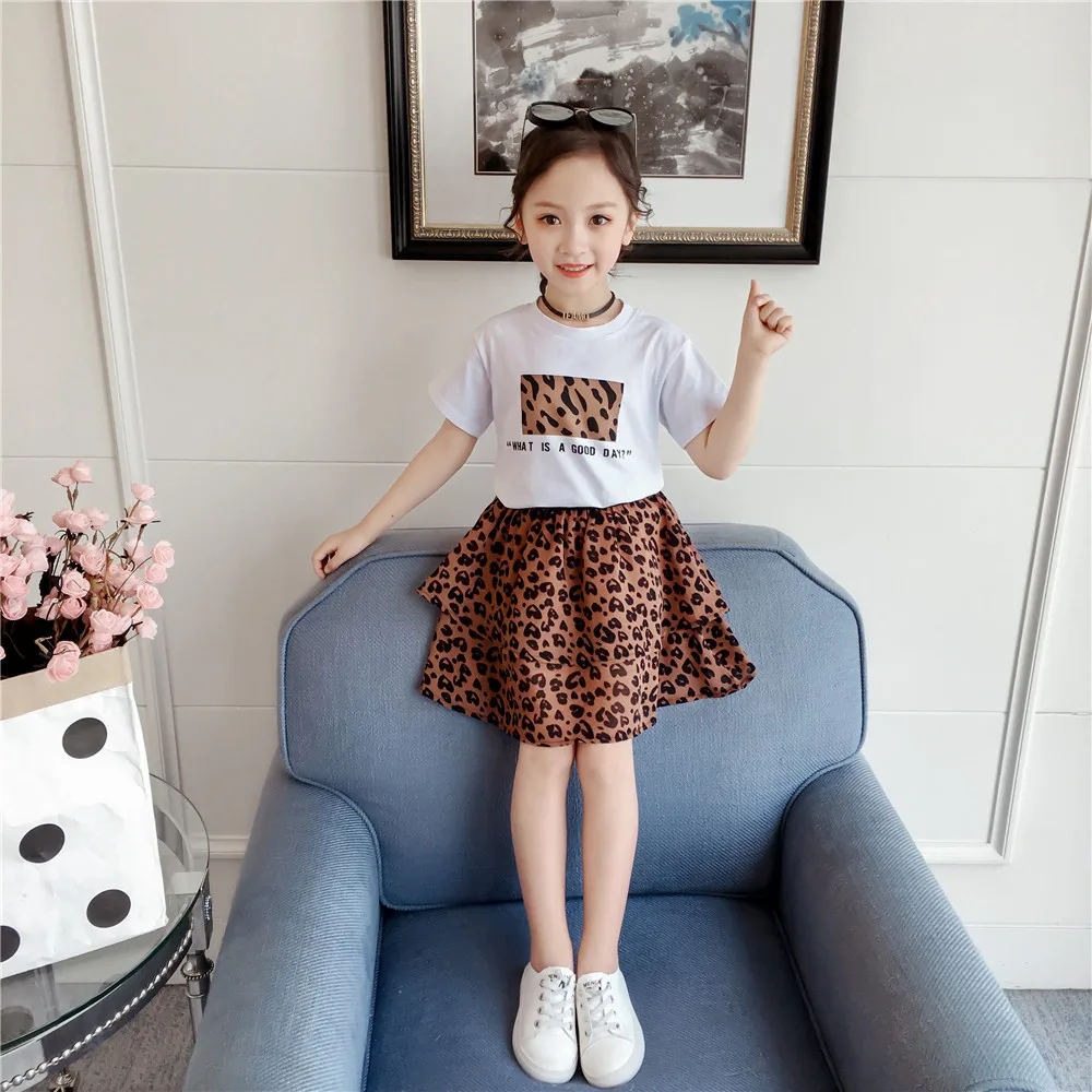 Fashion Children Clothing Set For Girls Clothes 2019 Summer Letter Tshirts Tops Leopard Chiffon Skirt 2Pcs Casual Kids Suit 3-9Y (2)