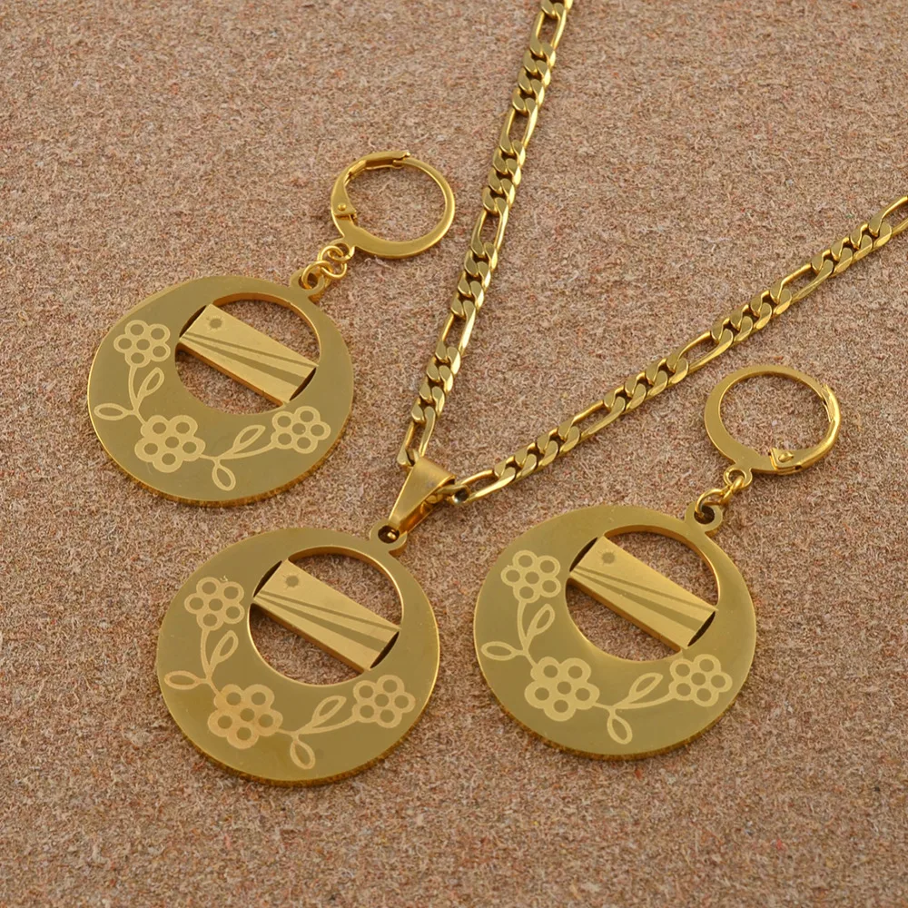 

Flag Jewelry set Marshall Islands Gold Color Flower Pendant Necklaces Earrings for Women Marshallese Ethnic Gifts #J0232