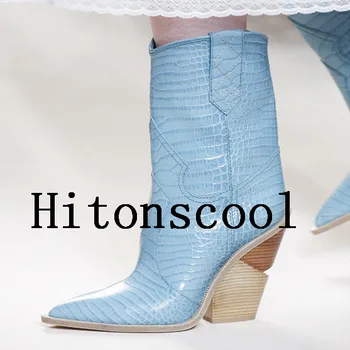 

Light Blue Genuine Leather Women Boots 2018 Pointed Toe Western Boots Cowboy Boots Women Mid-calf Chunky Wedges Boots Runway