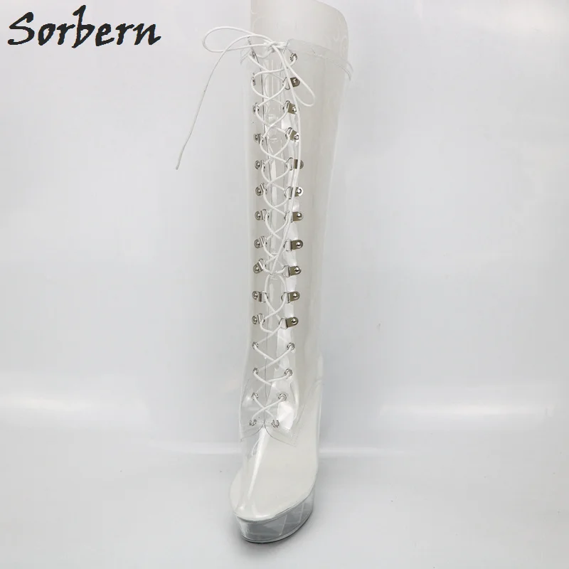 Sorbern/пикантные женские сапоги из прозрачного ПВХ на высоком каблуке со шнуровкой спереди, женские сапоги на шпильках, обувь на платформе, женская обувь, размер 44