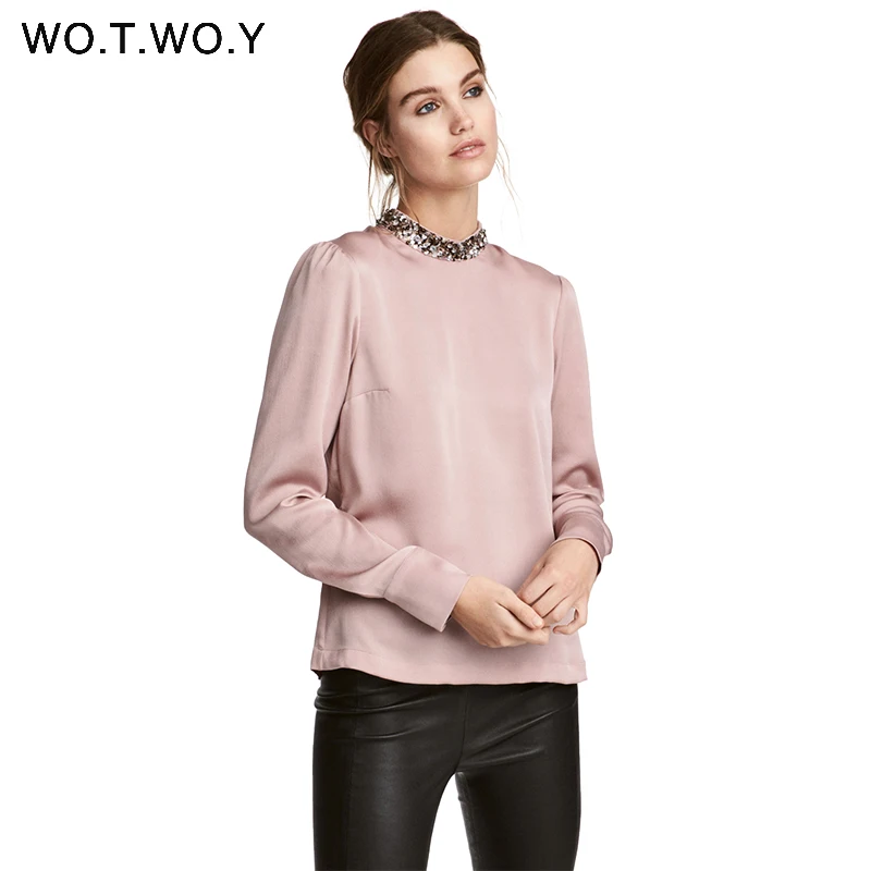 WOTWOY Sequins O-Neck Elegant Office Blouses Women Tops Long Sleeve Blouse Shirt Women Pink Chiffon Blouse 2018 Blusa Feminina