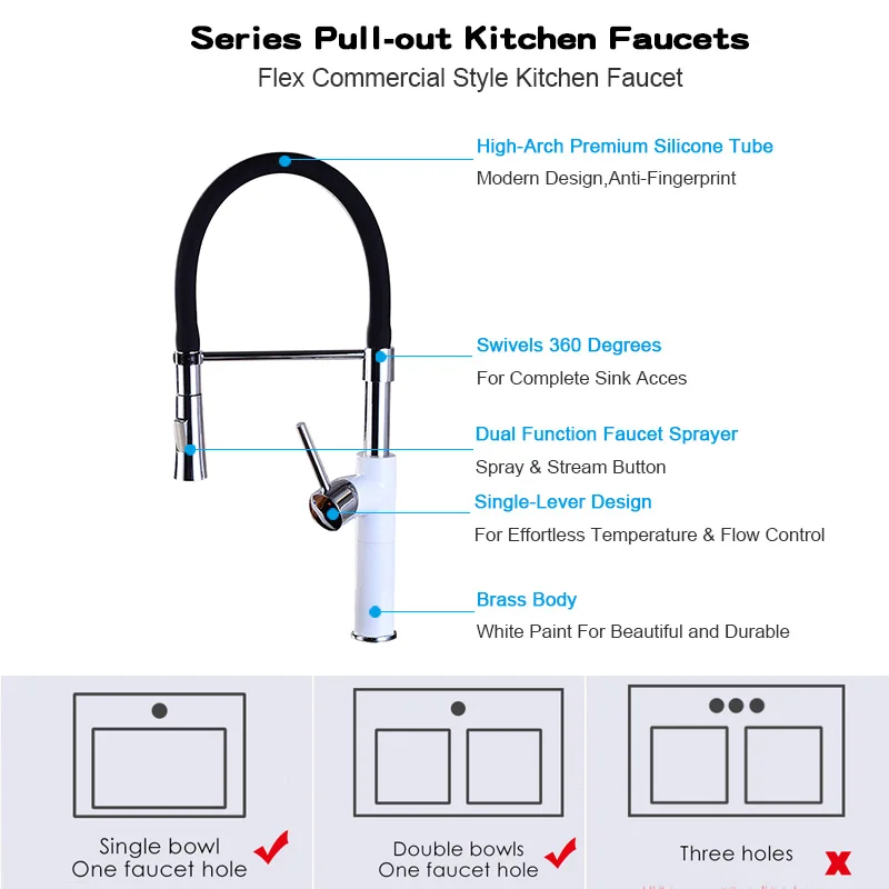 ROVATE Kitchen Faucets White Deck Mounted Single Hole Pull Down Sink Tap Cold & Hot Water Mixer Chrome Finnished