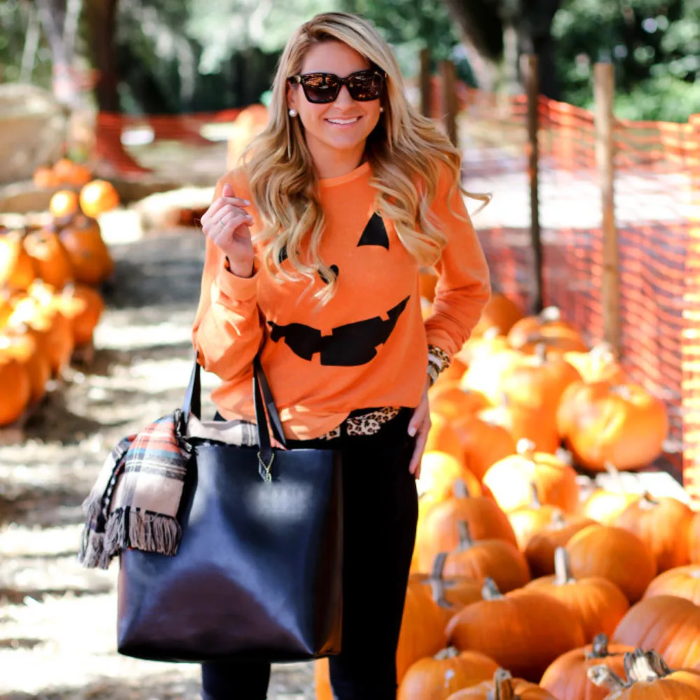 

Jaycosin top special style round neck long sleeve pumpkin print pullover sweater casual outdoor loose wild holiday shirt