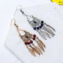Kobiety etniczne Boho kolczyki w stylu Vintage złoty kolor srebrny frędzel z liściem wiszące wiszące kolczyki w kształcie kropli z kryształowe koraliki dla kobiet