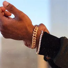 Хип-хоп, 1 комплект, кубинские звенья, цепочка, полностью Стразы, Bling Iced Out, мужской браслет, проложенный золотом, браслеты для мужчин, ювелирные изделия, Прямая поставка