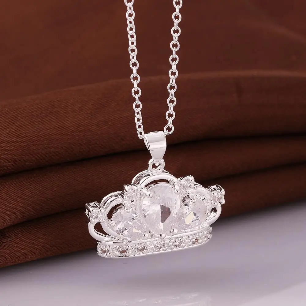 Silver Plated Zircon Inlaid Rhinestone Crown Pendant Necklace Jewelry