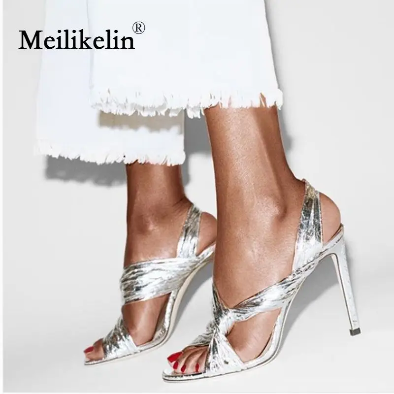 

Sexy sandals women's shoes thin high-heeled open toed corss woman sandals shoes summer slip-on Gladiator silver wedding shoes 40