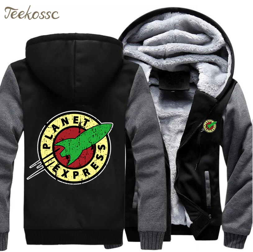 Planet Express Hoodies Men Punk Hooded Sweatshirt Print Coat New Brand Winter Thick Fleece Warm Zipper Jacket Hip Hop Sportswear