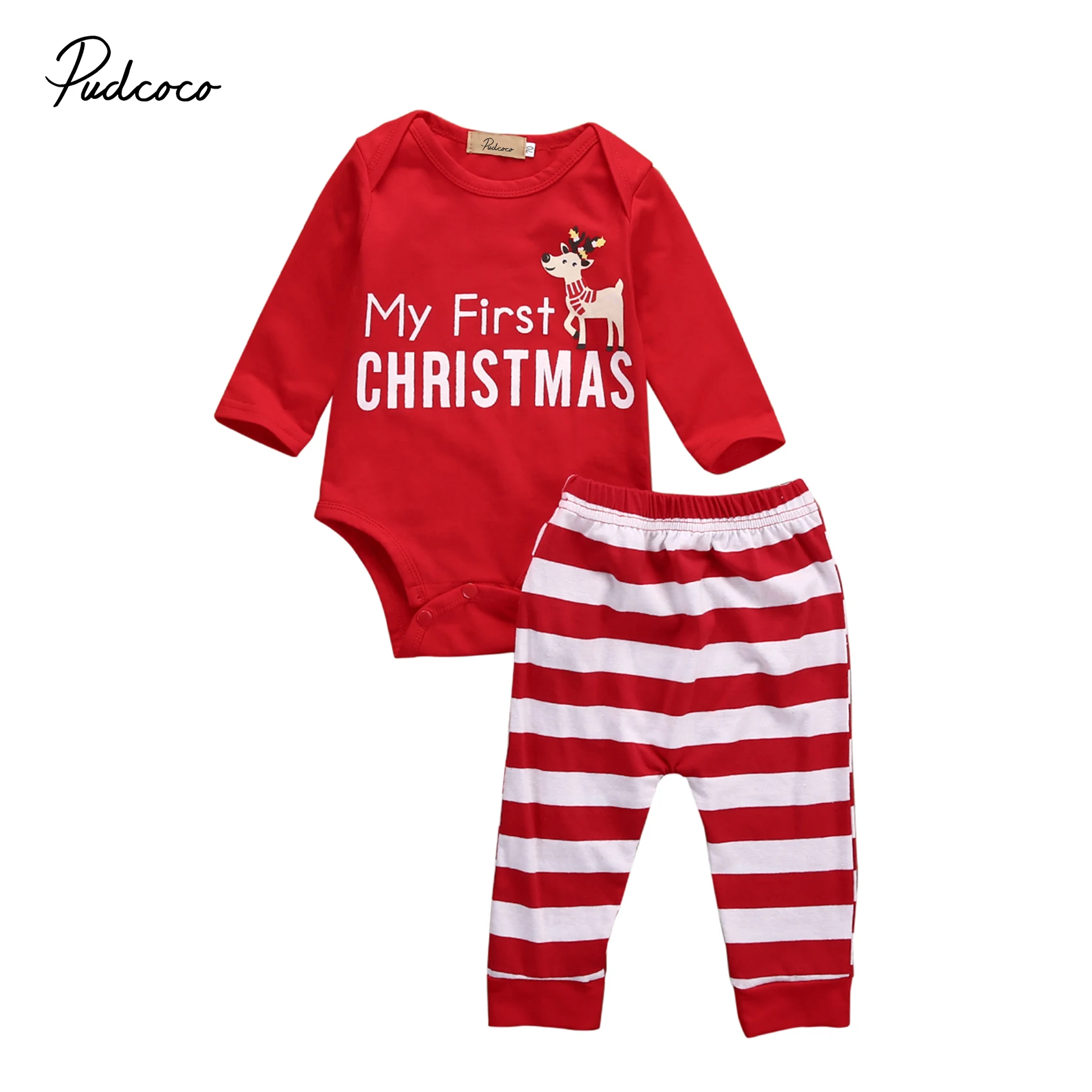 

Christmas Baby Clothes Newborn Baby Boys Girls Red Cotton Rompers+Stripe Long Pants 2Pcs Outfits Xmas Clothing Sets