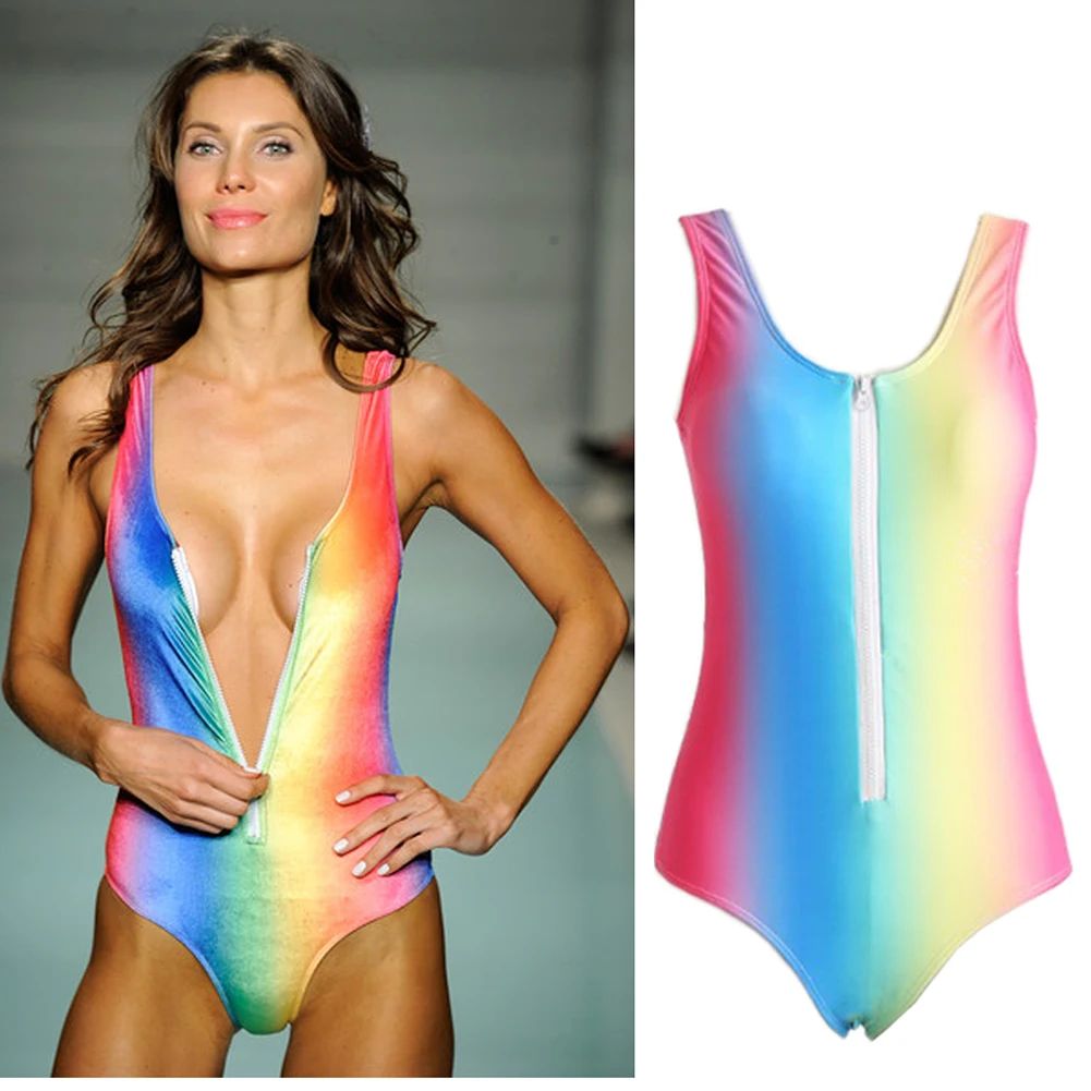 

Sexcer Print 2017 Rainbow Swimsuit New Gradient Female Monokini One Piece Swimwear Patchwork Women Zipper Swim Suit Swimwear