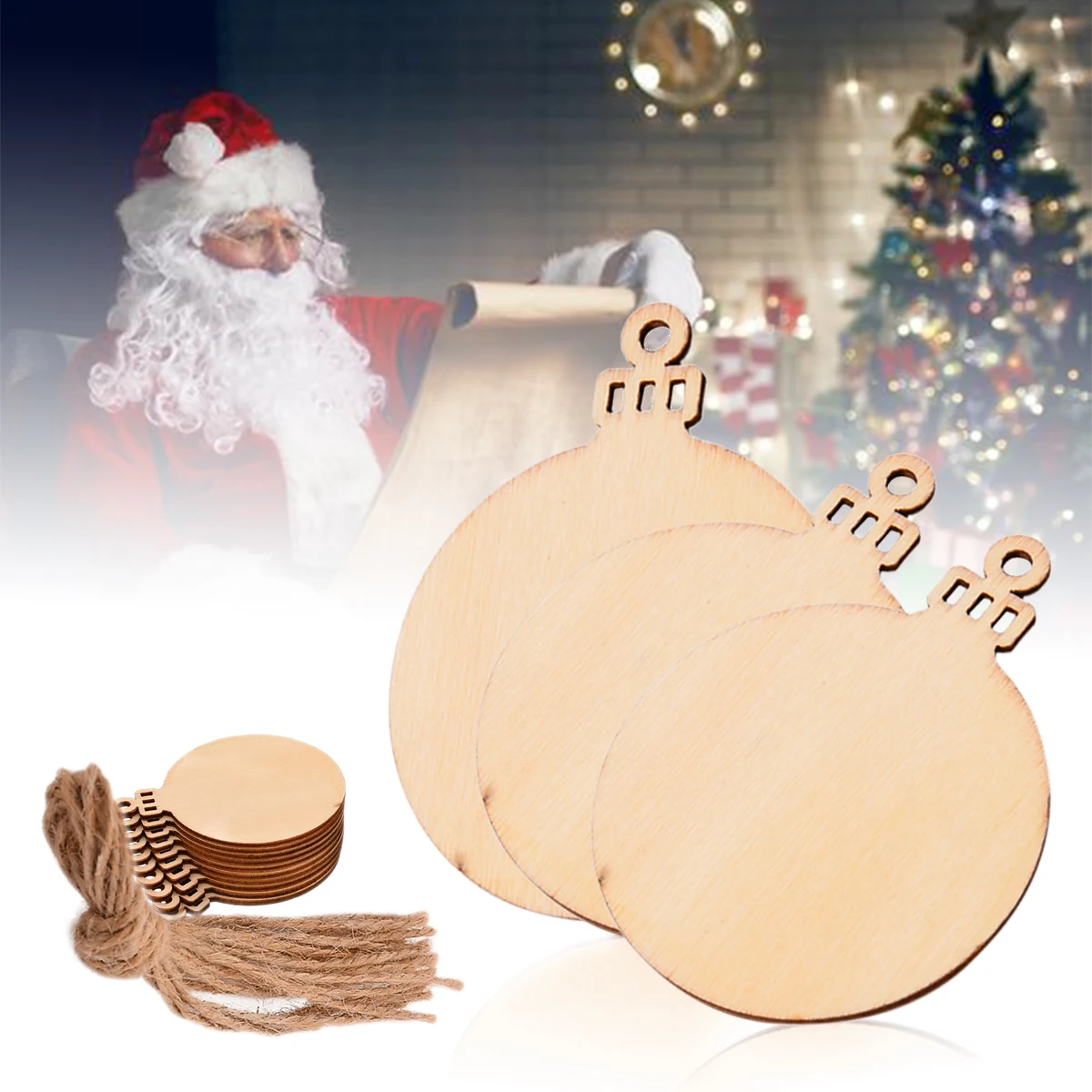 10pcs Wooden Round Baubles Tags Blank Christmas Balls Decorations Art Craft Ornaments With String For Home Festival Decor