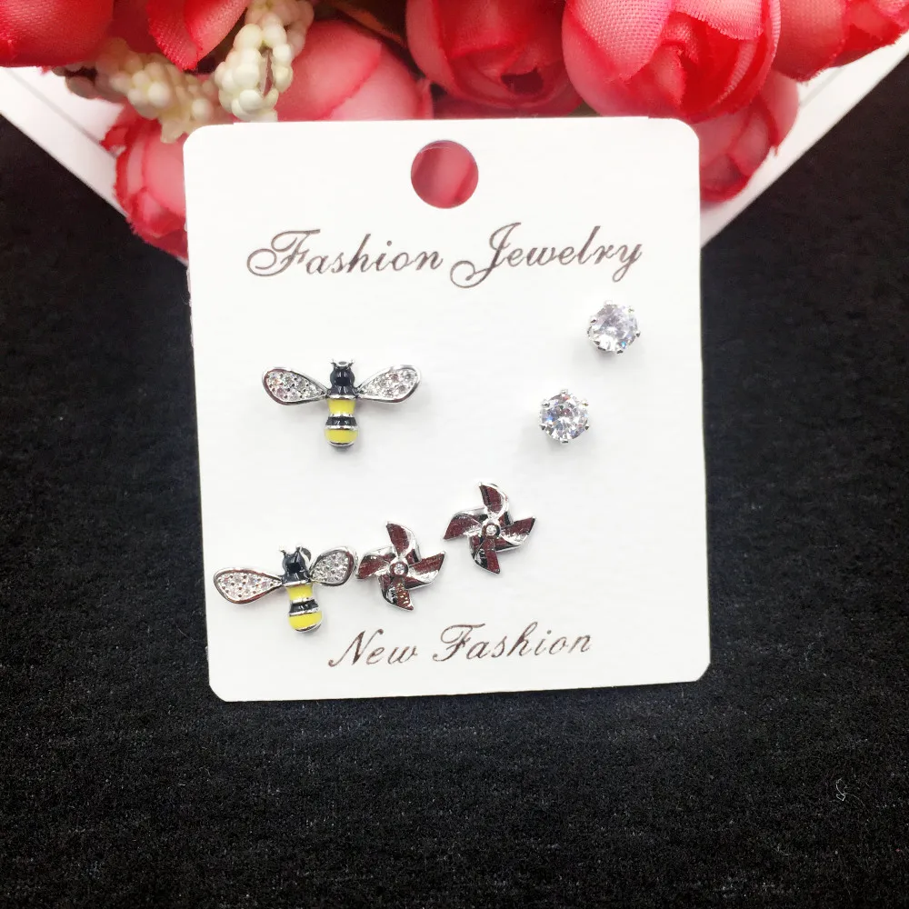 

New Design 925 Silver Needle Windmill Zircon Earrings Women Fashion Animal Bee Stud Earring Set Jewelry Gift