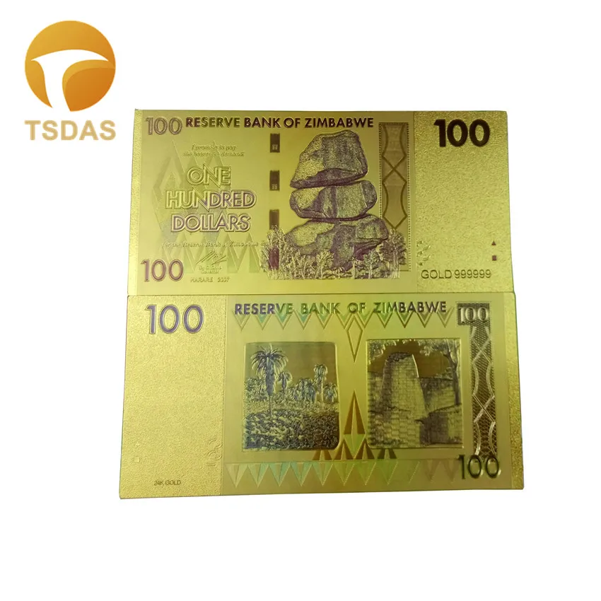 24k Colour Gold Banknote Rare Zimbabwe 100 Dollars Edition Fake Money Plated Gold Bills Collection Business