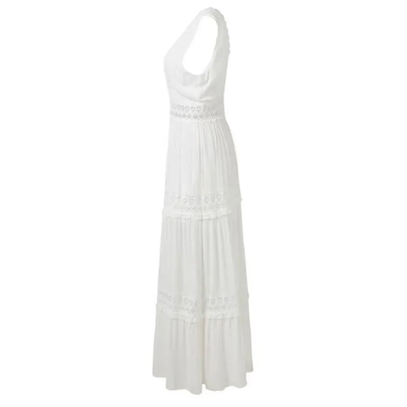 Глубокий V элегантный белый кружево сексуальное платье для женщин спинки выдалбливают летние длинные макси платья Женская одежда Размеры s m l Xl