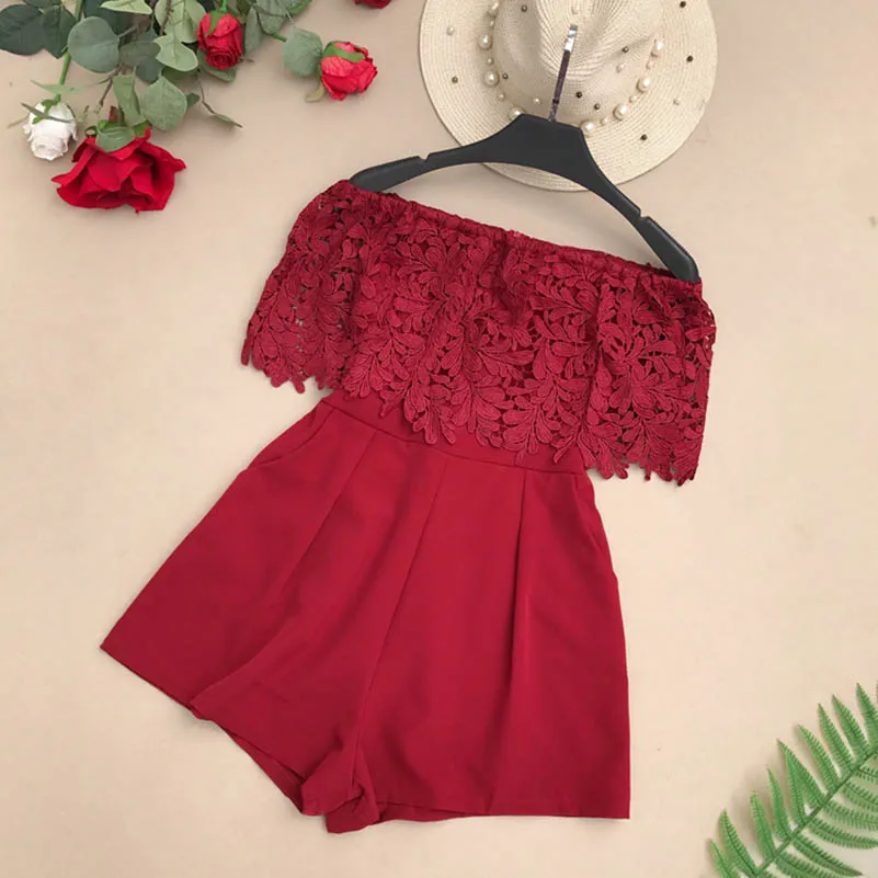 

NiceMix fashion sexy Floral lace short Jumpsuit women casual off shoulder gules Black Playsuit female summer Elegant party Romp