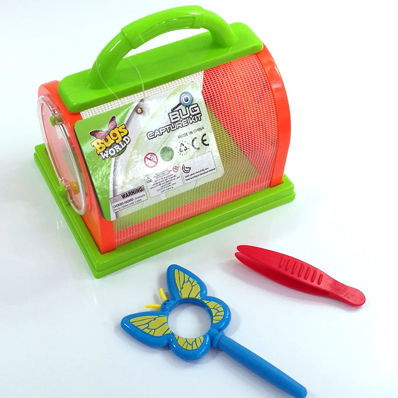 Red Plastic Bug Cage Insects Box with Magnifier Tweezer Garden Field Toys 