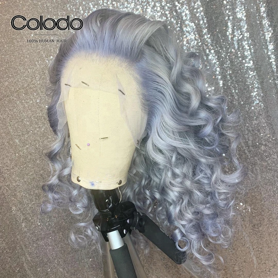 COLODO preprucked серый цвет 13х6 кружева фронта человеческих волос парики Glueless Remy