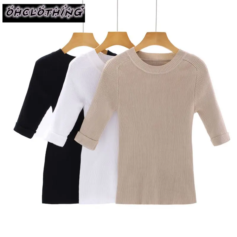 

OHCLOTHING 2017 The sleeve knit female head low - five slim casual -shirt Three Quarter sleeve shirt female half sleeve sweater