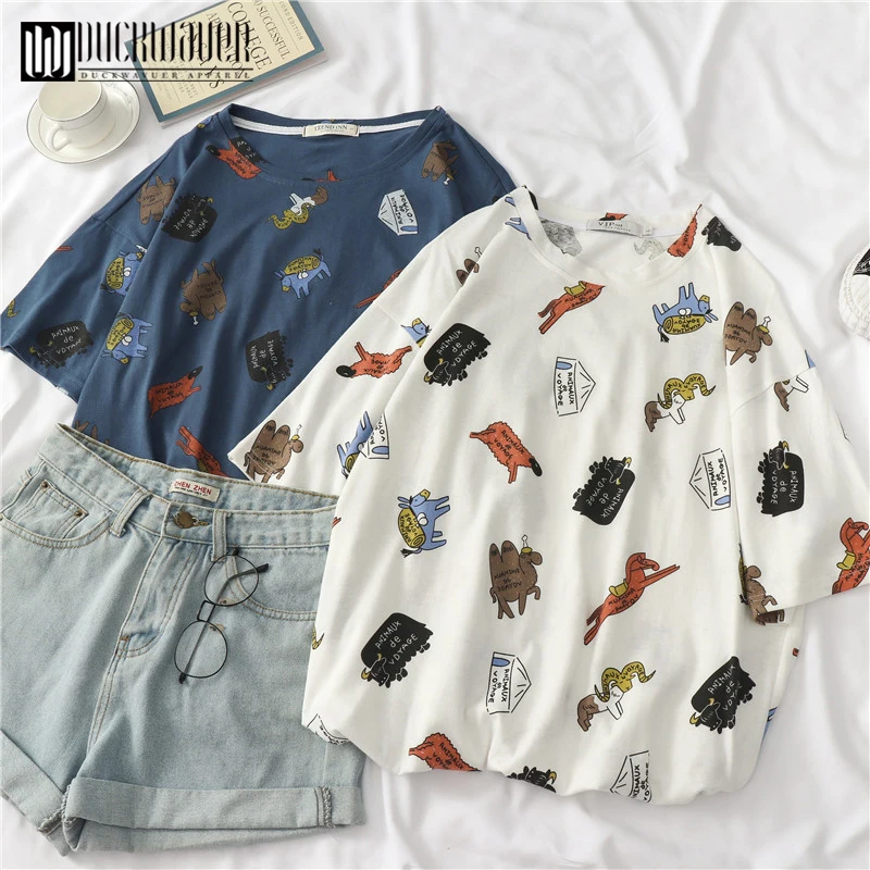 

2019 New Summer T-shirt Female College Wind Cute Rainbow Color T-shirt Loose Round Neck Harajuku Cartoon Weather Embroidery Tees
