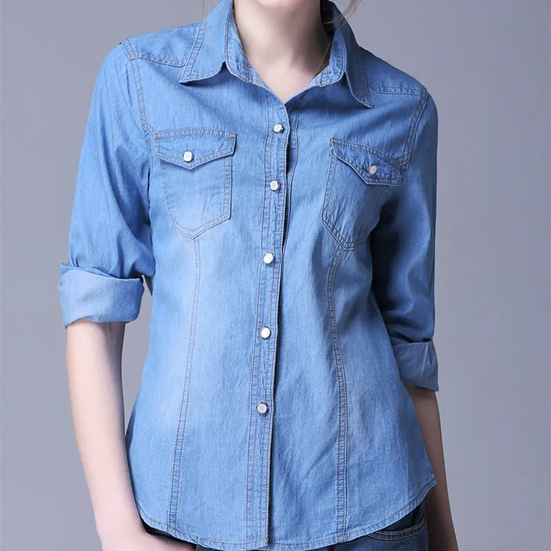 QAZXSW женская рубашка с отложным воротником повседневные женские рубашки-поло пальто джинсы джинсовая рубашка для девочек Рубашка Поло свободные осенние YX2074