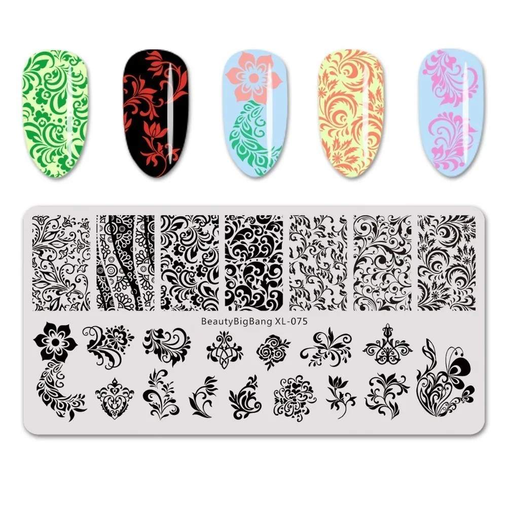 Beautybigbang 6*12cm Stainless Steel Stamping Plate Flower Figure Grass Blade Design For Nail Art Polish Stamp Plate XL-075