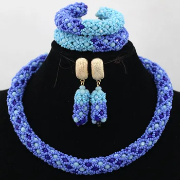 

Popular Royal Blue Nigerian Crystal Bridal Necklace Set Handmade African Costume Jewelry Wedding Party Beads Jewelry Sets QW194