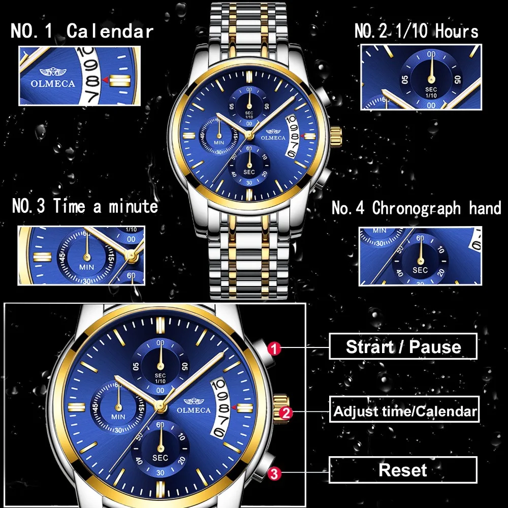 OLMECA часы для мужчин люксовый бренд Relogio Masculino нержавеющая сталь бизнесмен водонепроницаемые часы хронограф Мужские кварцевые наручные часы
