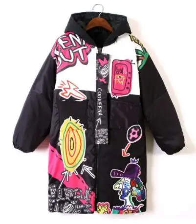 

Girl Student's Harajuku Graffiti Printing Outer Wear Hip Hop Design Thick Warm Cardigan BF Design Large Size Loose Winter Coat