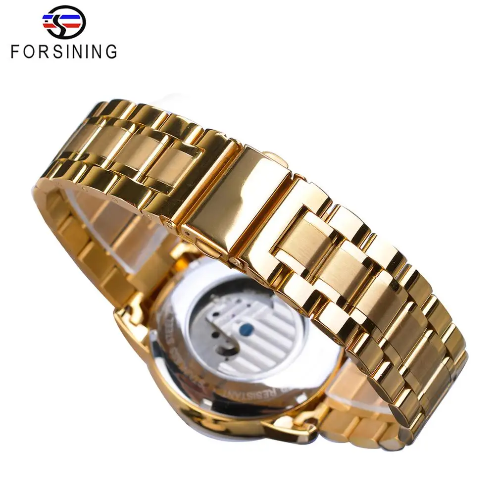 Forsining Автоматические Мужские часы с золотым циферблатом из нержавеющей стали, повседневные часы Moonphase, Золотые механические мужские часы с турбийоном