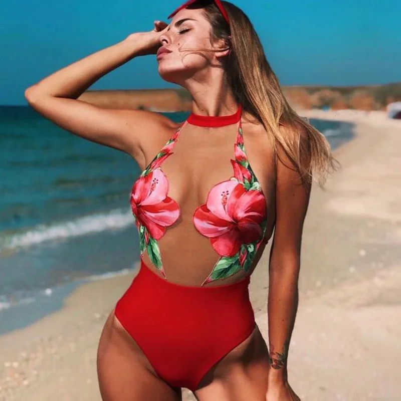 

ZTVitality Sexy Women Applique Red Swimwear Women 2019 New Arrival Mesh Patchwork Perspective One Piece Swimsuit Female Monokini