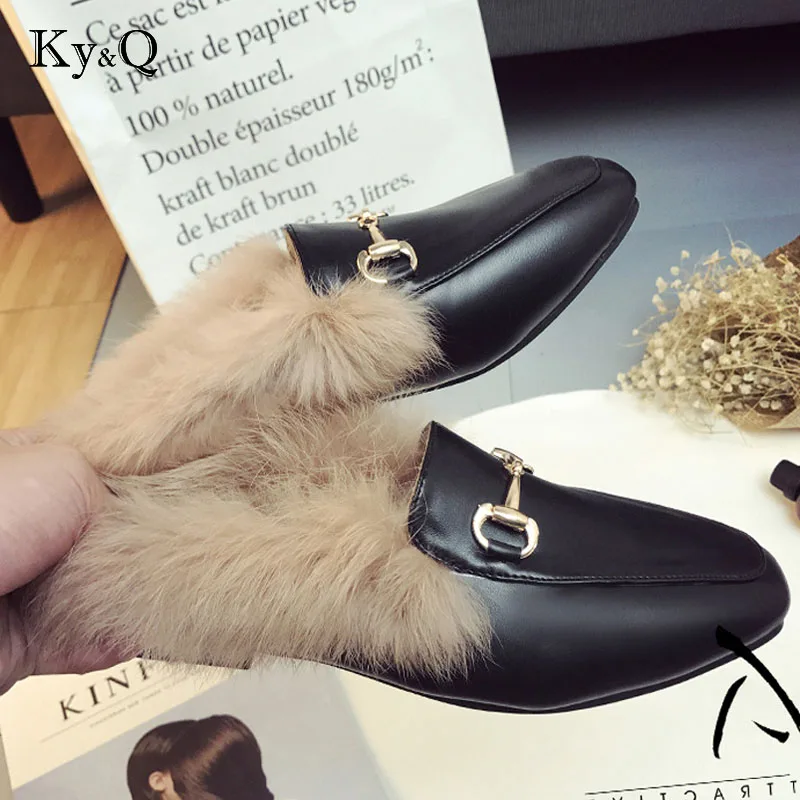 

Brand Leather Female Slippers Foreign Trade Size Shoes Flat Half Wool Shoes Slippers Jurchen Fur