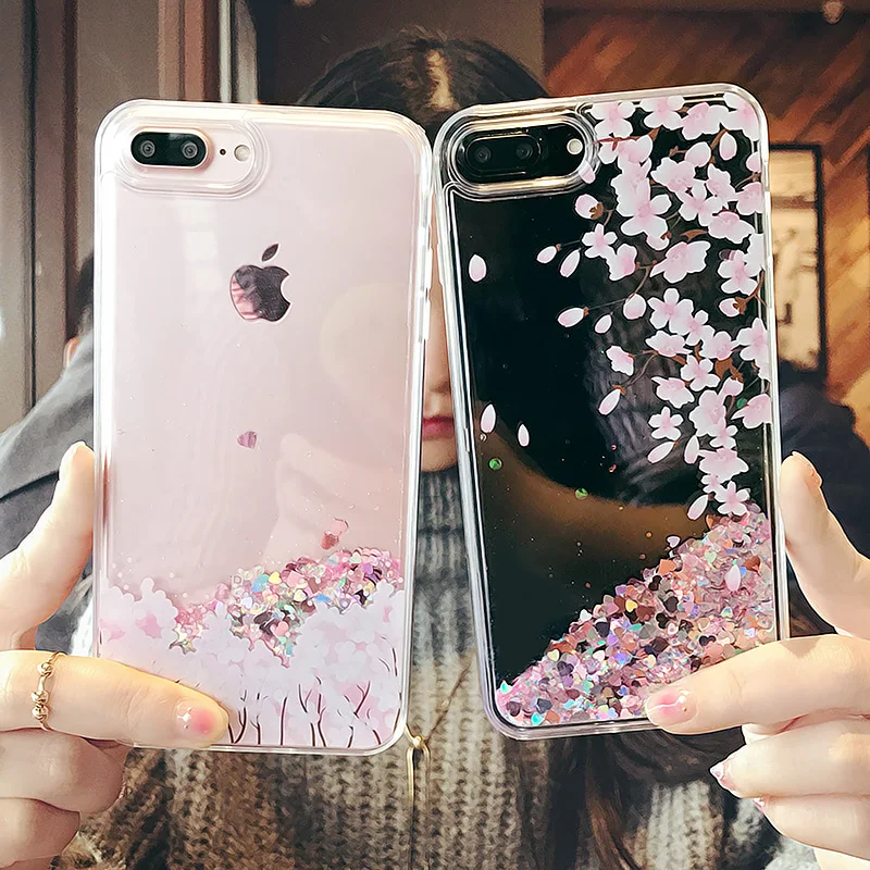 

Dower Me Fashion Pink Peach Blossom Flower Liquid Glitter Sand Soft TPU Phone Case Cover For iPhone XS Max XR X 8 7 6 6S Plus