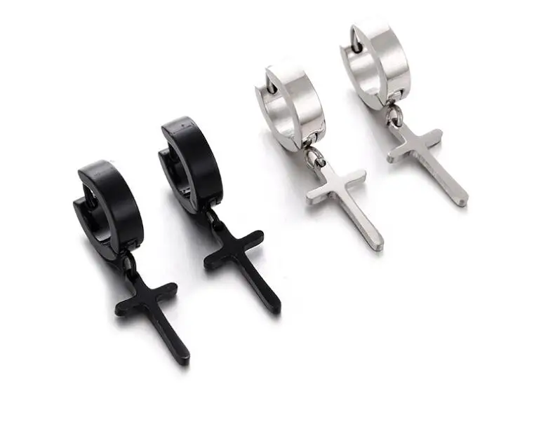 

1 Pair Titanium Steel hypoallergenic Black Sliver Cross Pendant Punk Hoop Piercing Round Dangle Earrings Men Women Jewelry Acces