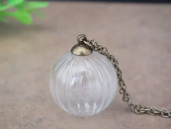

Free ship!! 25mm Handmade Pumpkin stripe ball shape glass golbe pendant/bronze color cap/with chain /mini glass bottle necklace