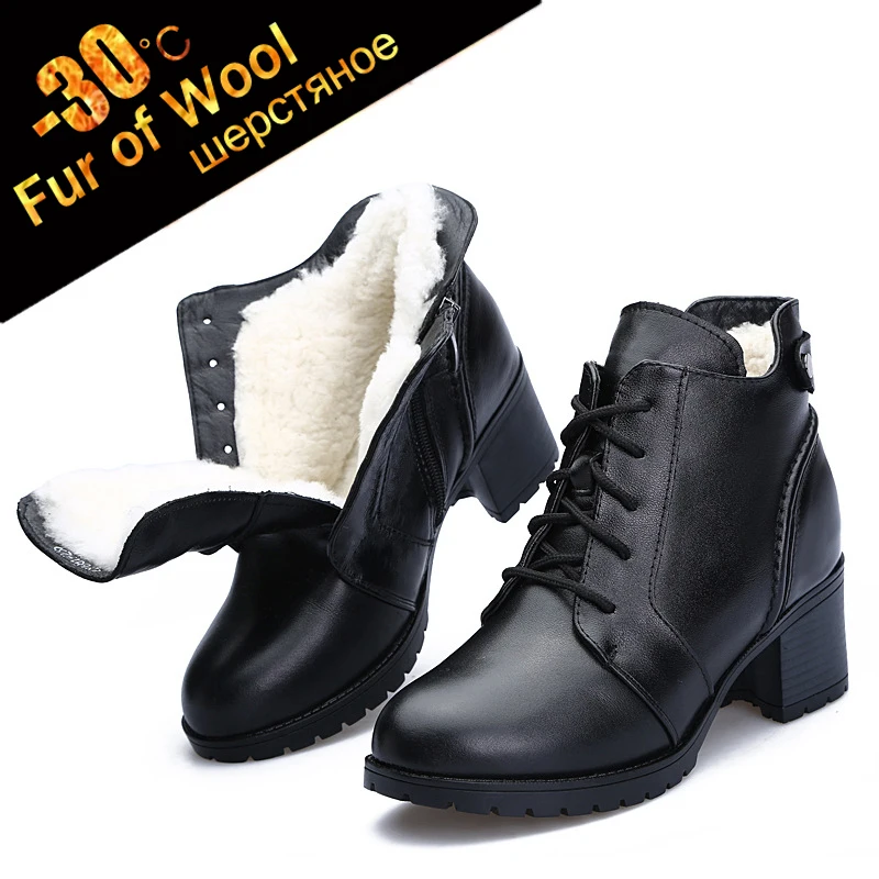 

-30℃ Wool Fur warm Cow Leather ankle boots women winter Genuine Leather platform botas 2019 Lace up plush high heel snow shoes