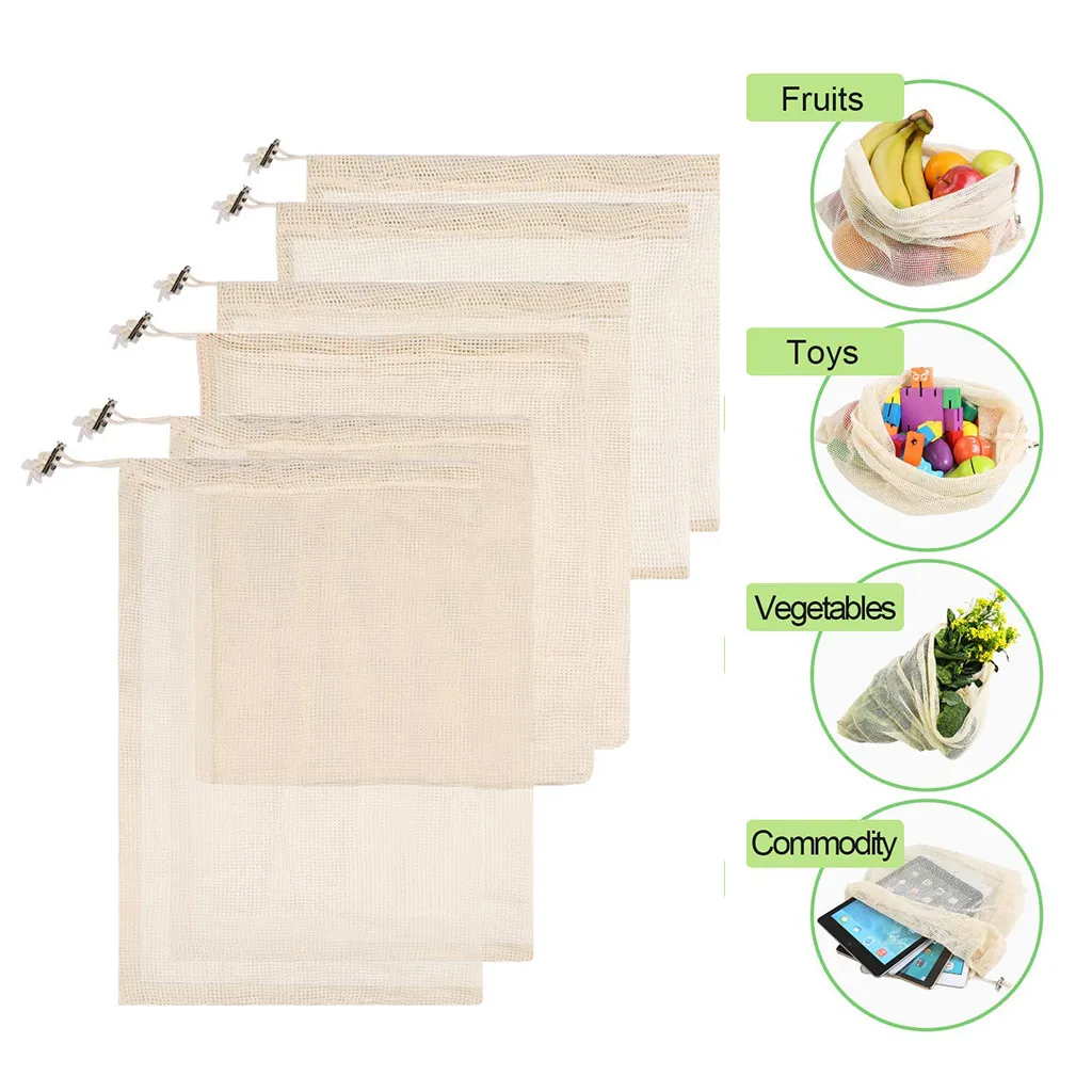 

6 PCS/Set Degradable Organic Cotton Mesh Bag Vegetable Cotton Mesh Bag Fruit Mesh Bag Reusable Bags Reducing Carbon Footprint