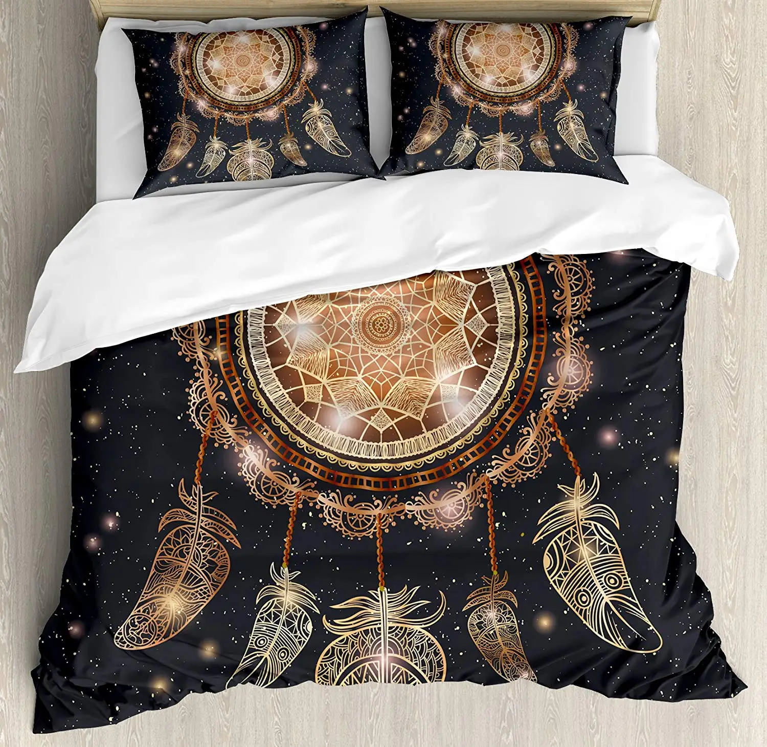 

Mandala Duvet Cover Set King Size Native American Dreamcatcher Motif Magic Feathers Hippie Design Starry Backdrop Bedding Set