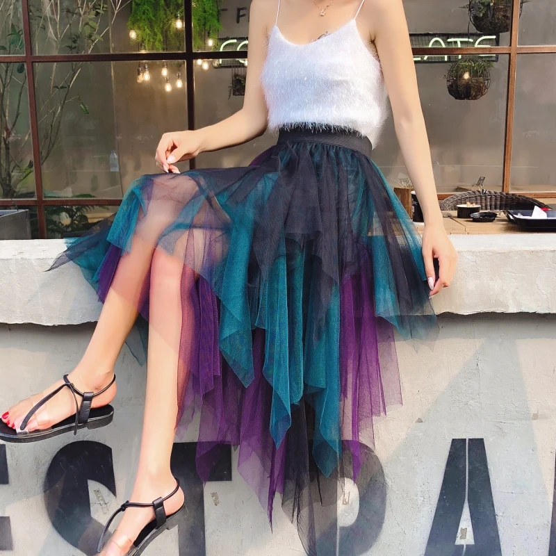 Multi-Layered Colored Mesh Patchwork High Low Long Skirts Summer High Waist Irregular Puffy Tulle Calf Long Pleated Skirt