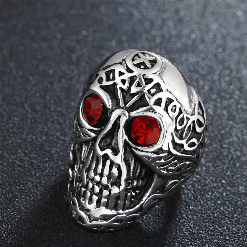 

316L Stainless steel Colorful geen eyes Gothic Carving kapala Skull Ring Biker Hiphop rock Jewelry For man