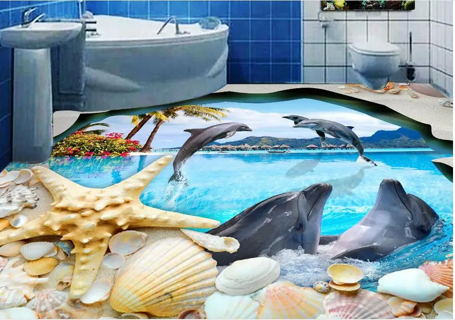 

HD Ocean 3D Flooring Customize 3D Wallpaper Murals Shellfish dolphins 3D Floor Painting Pvc Self adhesive Wallpaper