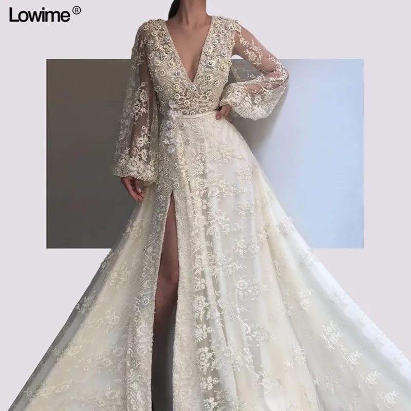 

High Fashion Lace Formal Evening Dresses 2019 Deep V-Neck Side Split Long Sleeve Sexy Evening Prom Party Gowns With Beads