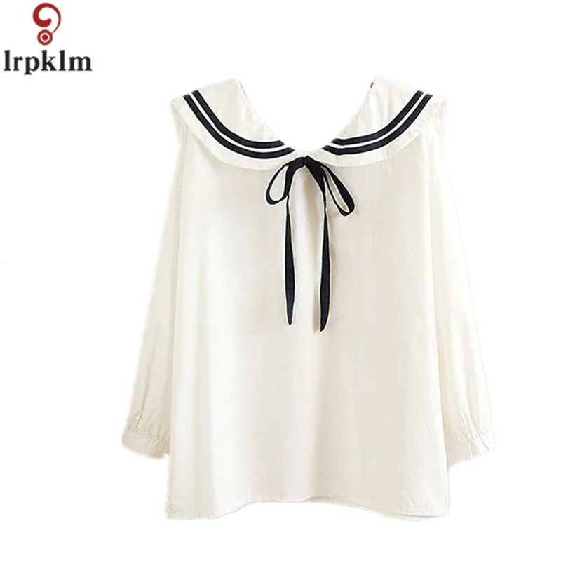 2017 Loose Cotton Women Blouses Spring Sailor Collar Shirt Female Long