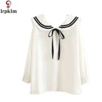 

2017 Loose Cotton Women Blouses Spring Sailor Collar Shirt Female Long-sleeve Women Tops White Cute Student Girls Clothing YY452