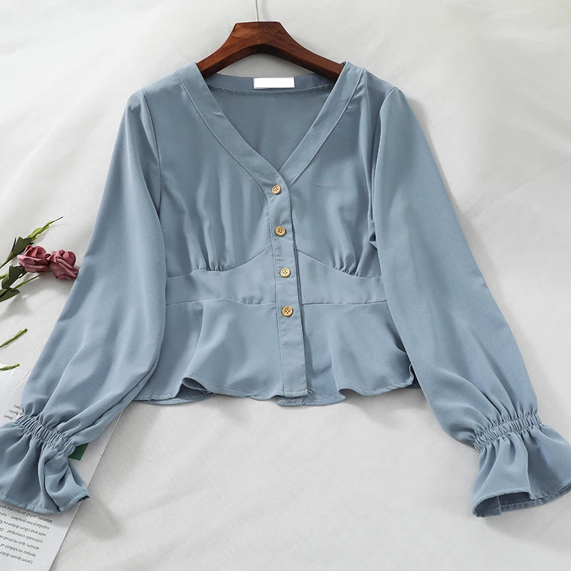 

Women V Neck Chiffon Printing Button Long Sleeve Tops Blouse New 2019 summer Autumn Soft Touch Casual Women's Blouse