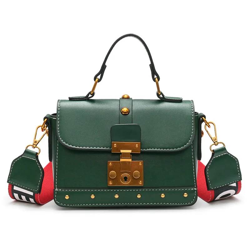 Women Vintage Leather Handbag Small Rivets Flap Shoulder Bag Colorful Wide Strap Crossbody Bag for Girls Green Brown Black Purse  (2)