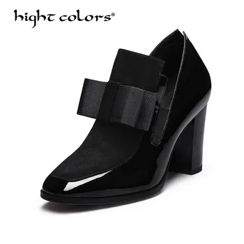 

Plus size 34-43 New 2019 BLACK Bowtie High Heels Pumps Square Toe Genuine Leather Shoes Women Ladies Sexy Chaussure Femme HC-413