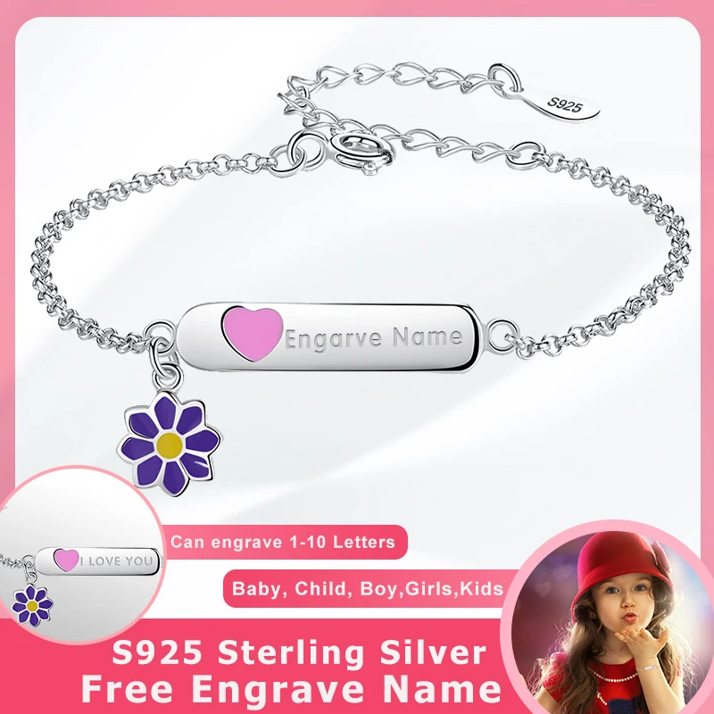 Стерлингового серебра 925 начальный пользовательский именной браслет Фиолетовый Эмаль Цветок Розовый Сердце браслет для девочек детские ювелирные изделия подарок