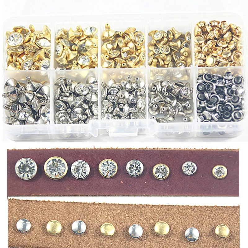 

240sets 4 Size Punk Diamond Spikes Rivets/Rhinestone Studs Rivets for Leather/Belt/Handbag Double-sided Rivet DIY Accessories