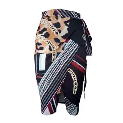 ШИК пэчворк пикантные Обёрточная бумага юбка Высокая Талия Разделение юбка миди с поясом Для женщин старинные цепи с леопардовым принтом